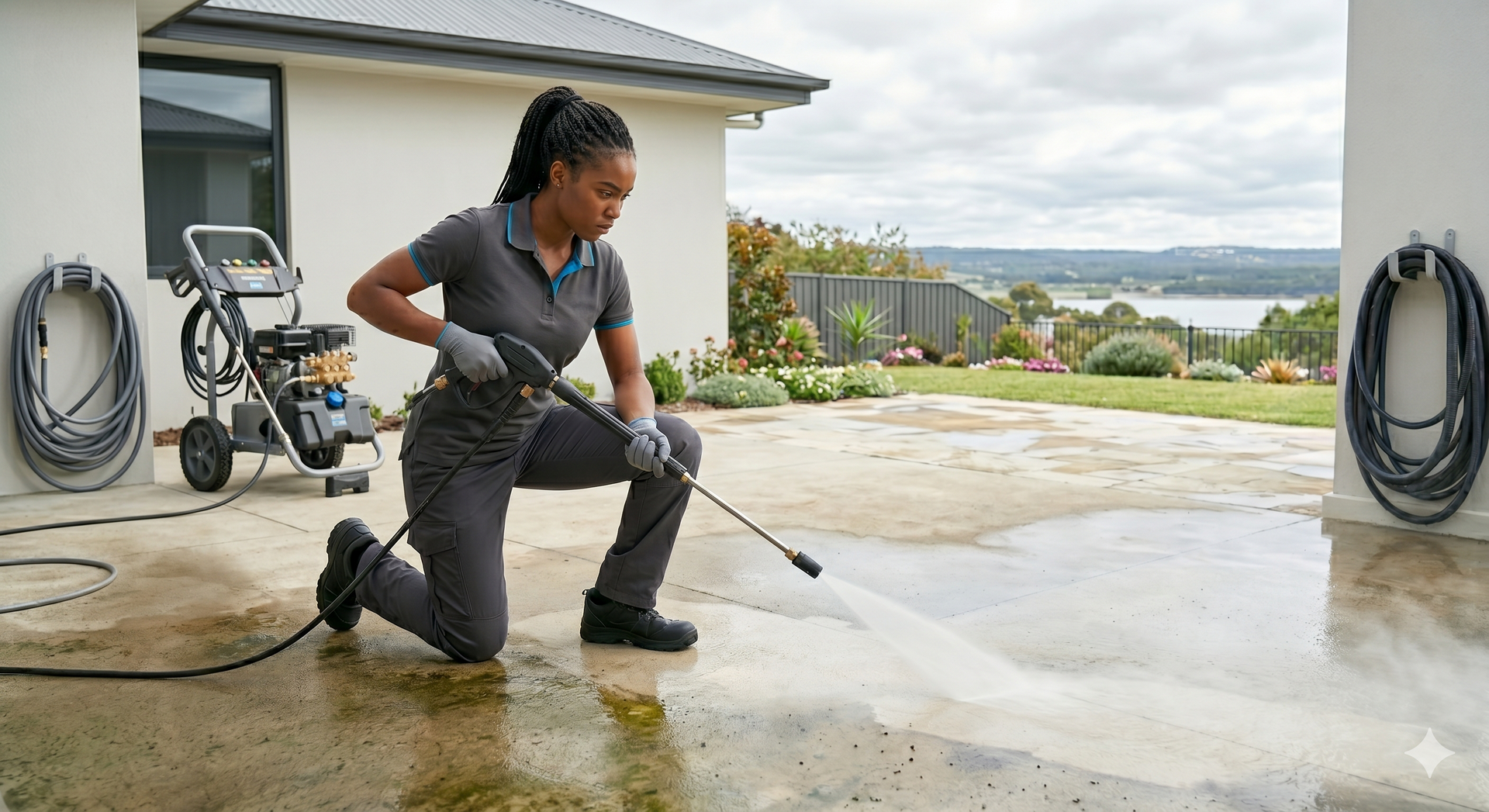 Person pressure-washing a concrete driveway beside a house with coiled hoses and a lake view in the distance