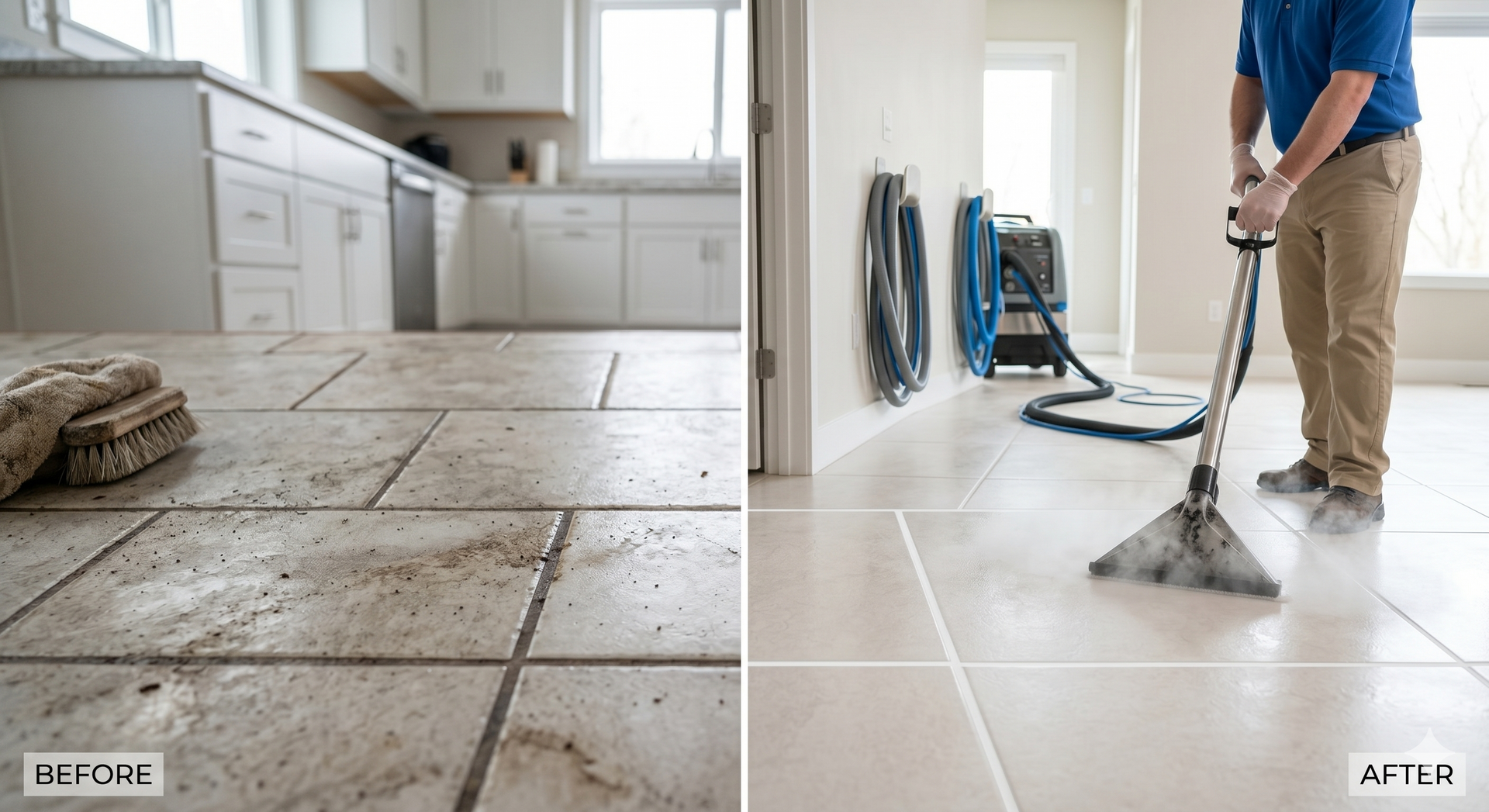Before-and-after kitchen floor cleaning: dirty tile on left, clean tile being mopped on right.