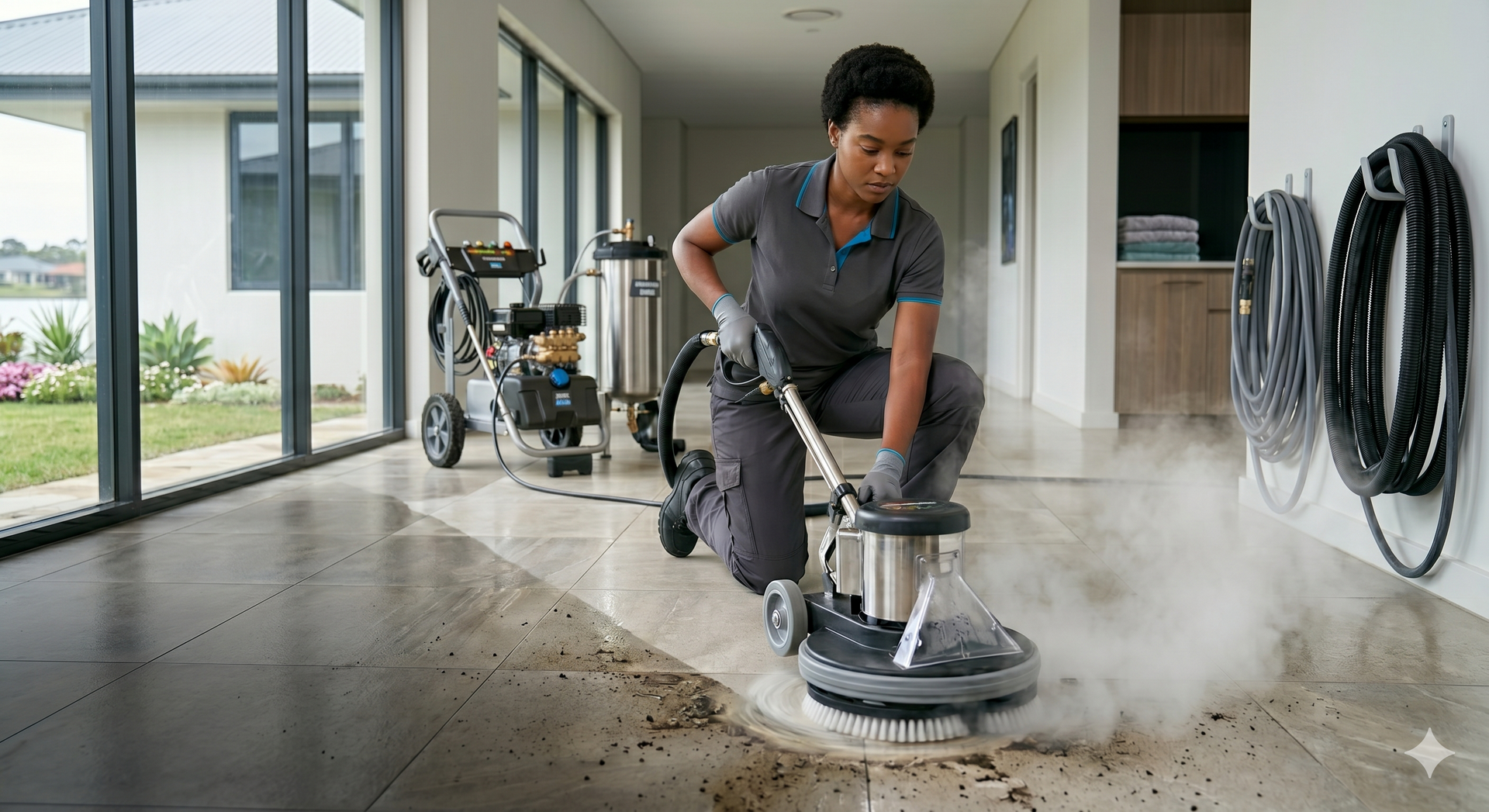 Person pressure-washing a concrete floor in a garage, with water spray and cleaning equipment nearby