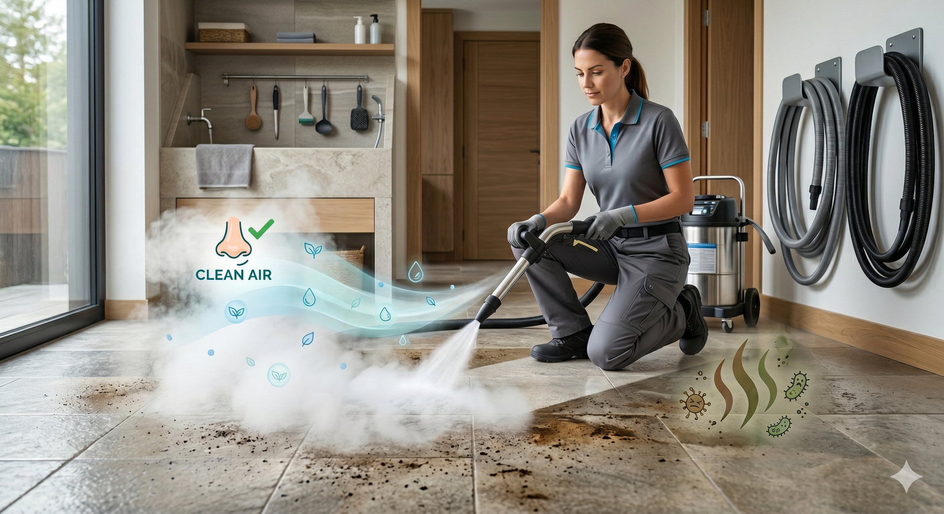 Woman kneels cleaning a dusty floor with a vacuum in a modern room with shelves and hanging bikes