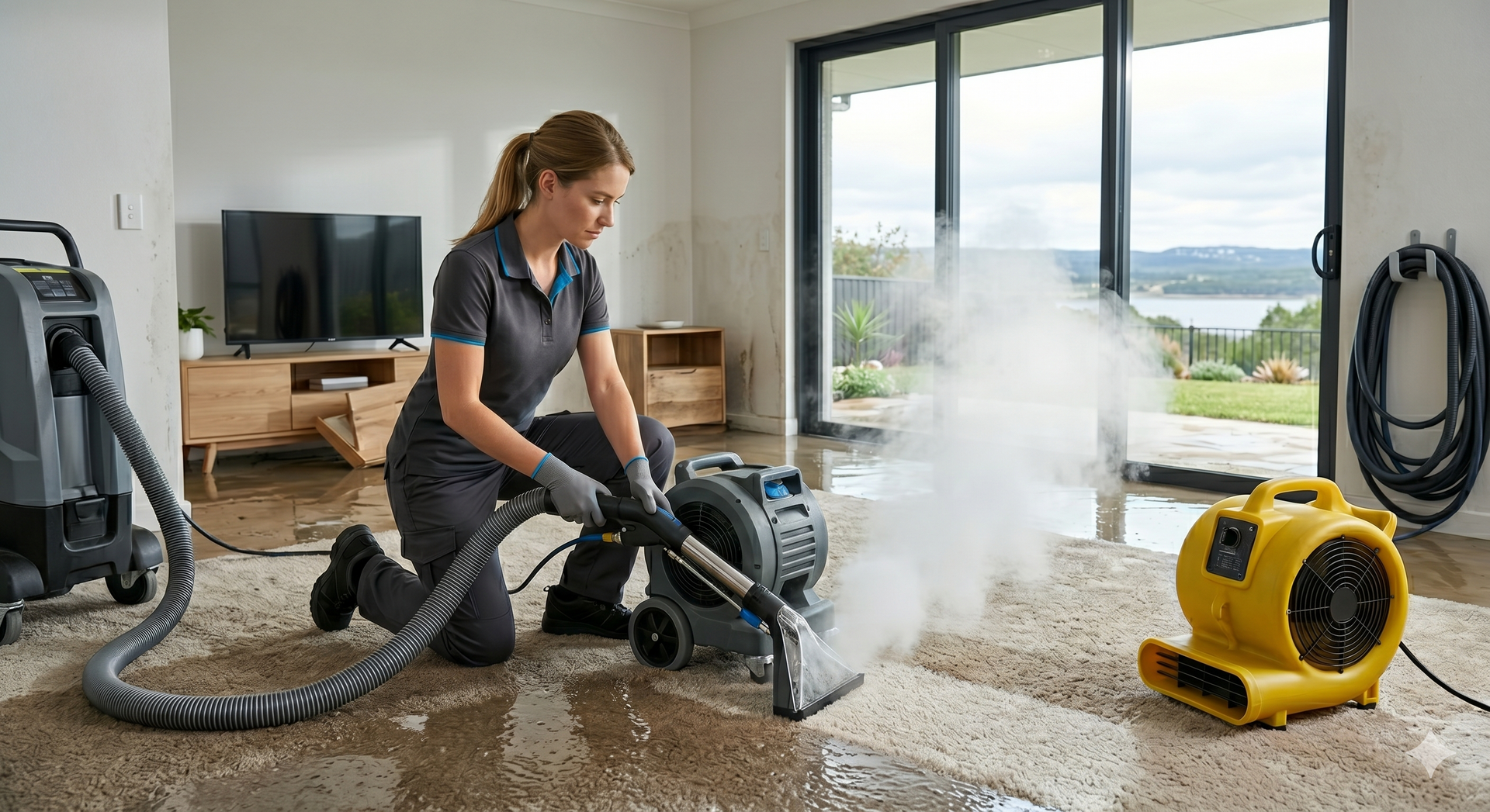 Person cleaning a wet floor with a vacuum and blower in a living room