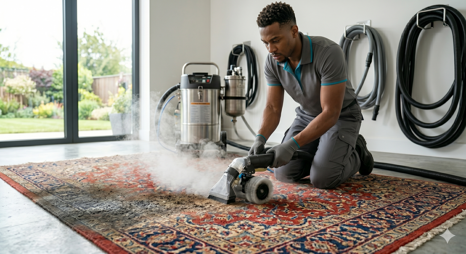 Man cleaning a patterned rug with a carpet extractor in a bright room
