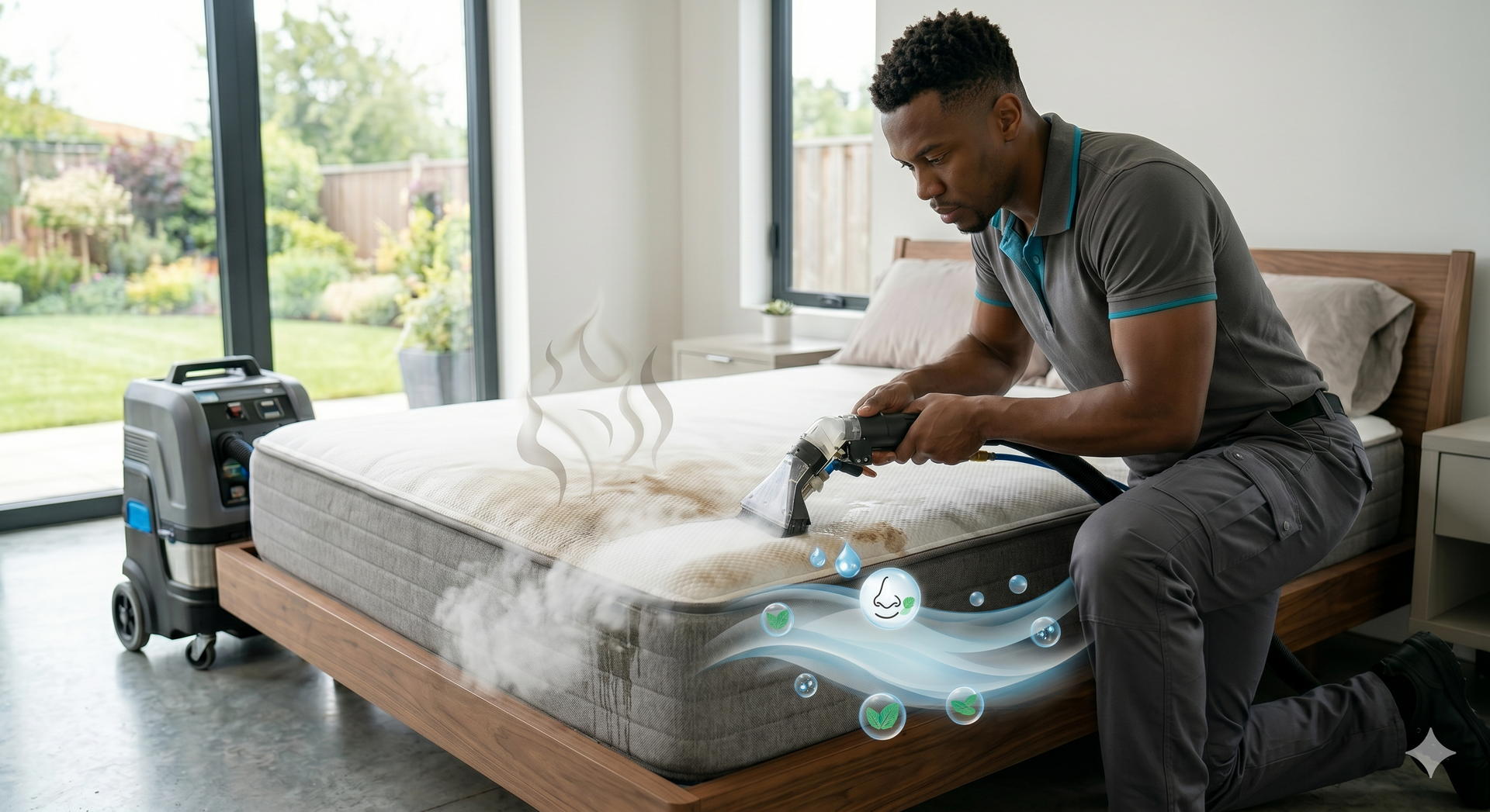 Man vacuuming a mattress with a portable upholstery cleaner in a bright bedroom