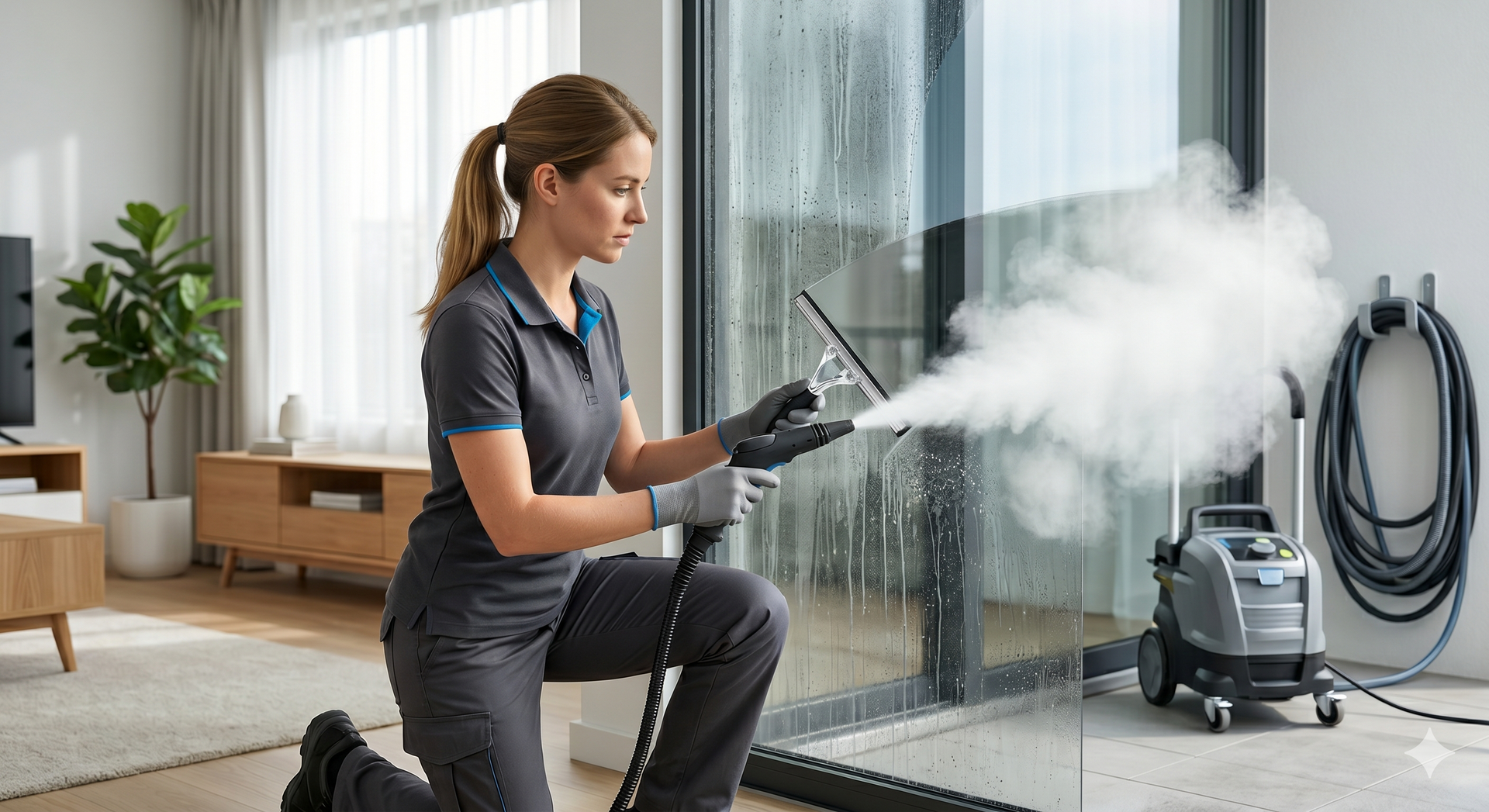 Person using a steam cleaner on a glass shower door in a modern bathroom.