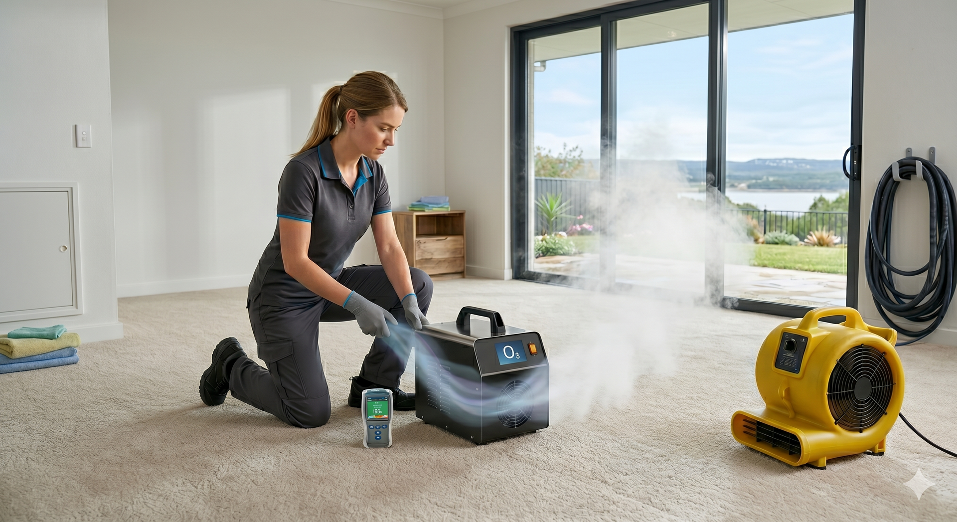 Woman using a carpet cleaner in a bright room, with a yellow fan drying the wet carpet nearby.