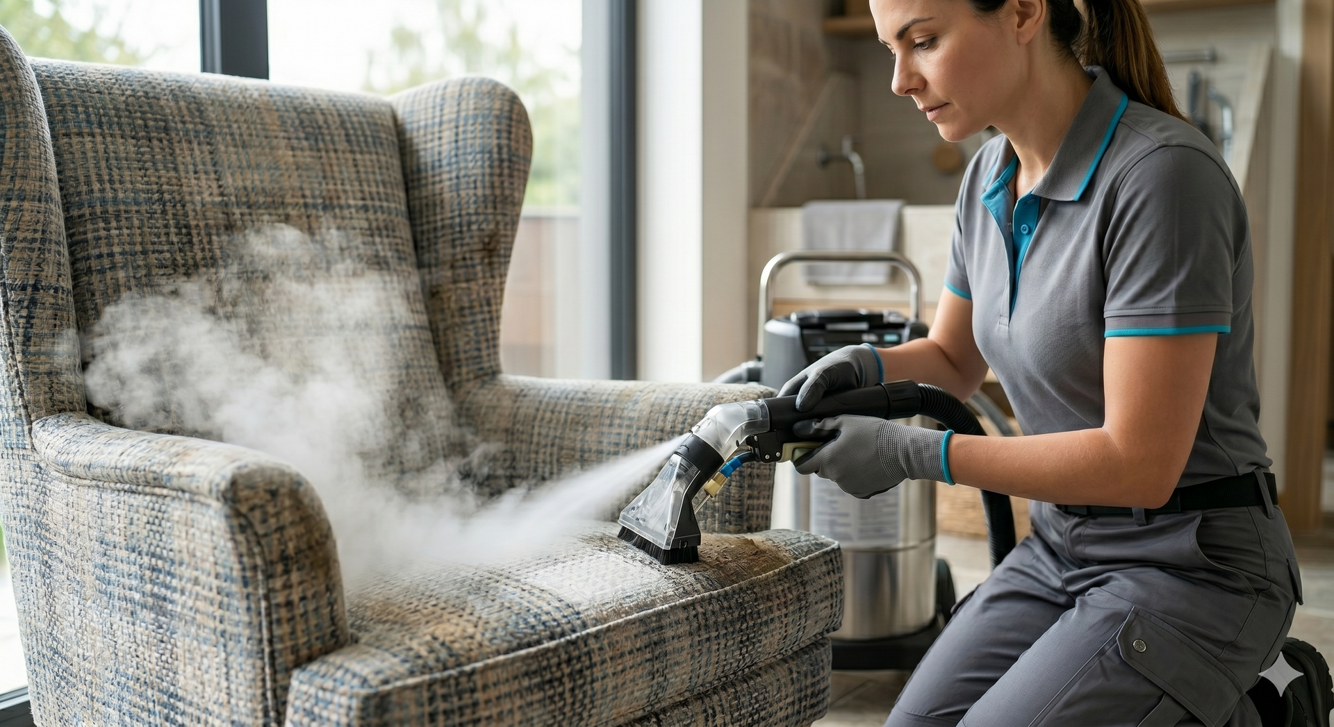 Worker steam-cleans a gray upholstered chair in a bright living room