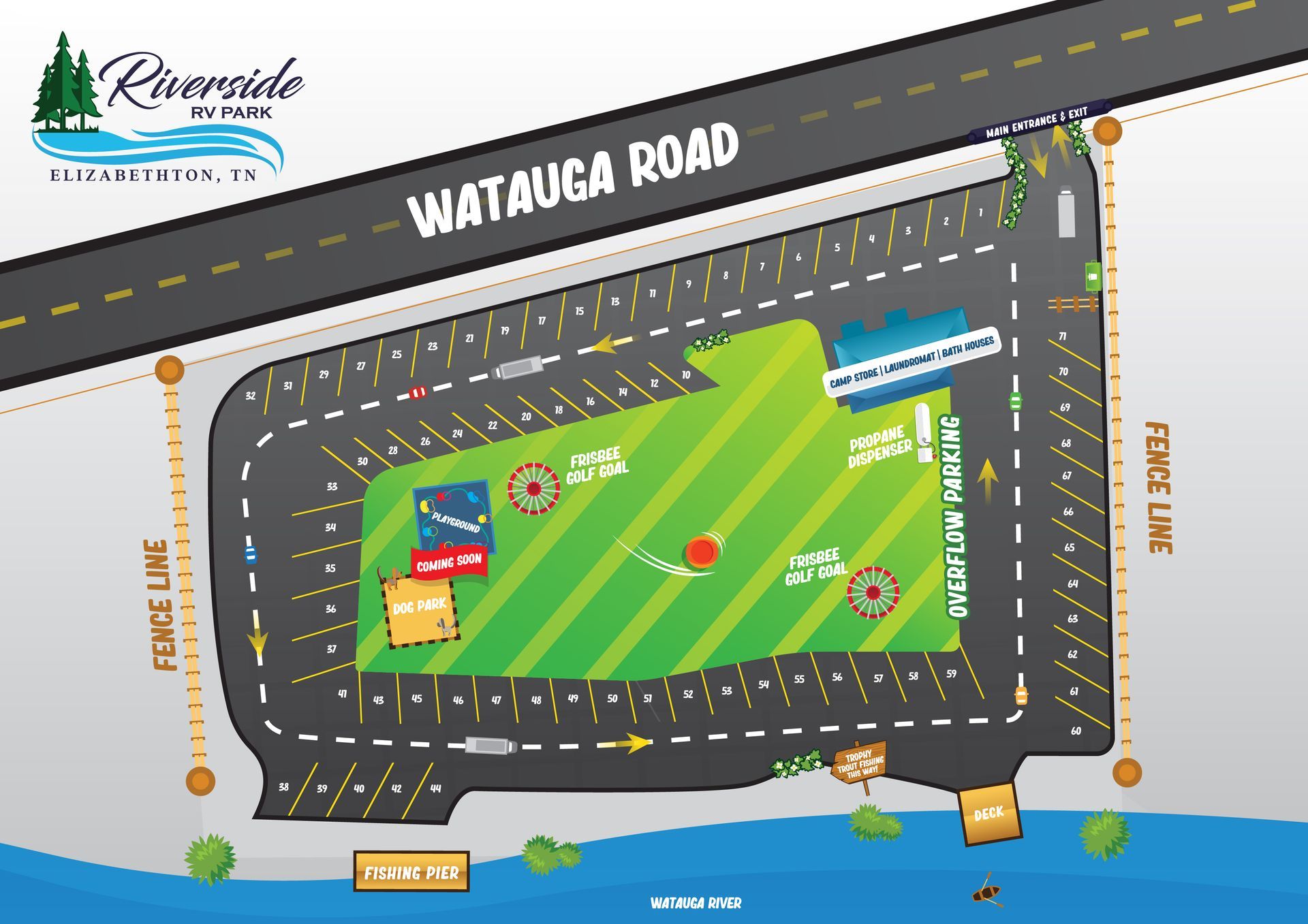 Riverside RV Park Animated Property Map Showing layout, amenities, camp store, and all features of the RV Park