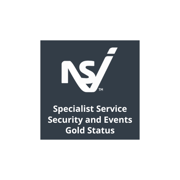 NSI Gold Status logo for Specialist Service Security and Events, featuring white text and logo on a dark grey square.