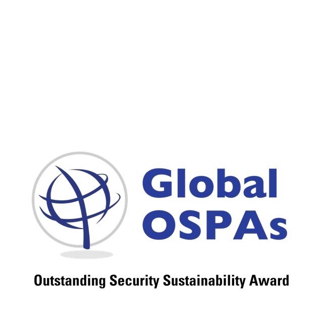 Logo for the Global OSPAs Outstanding Security Sustainability Award with a blue globe icon.