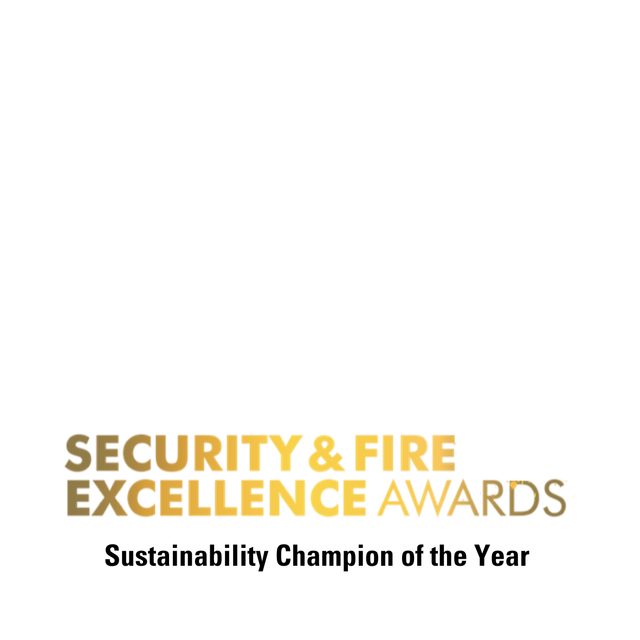 The Security & Fire Excellence Awards logo featuring the text "Sustainability Champion of the Year" in black and gold.