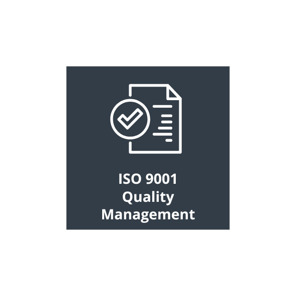 A square icon with a dark gray background featuring a white outline of a document with a checkmark and the text ISO 9001.