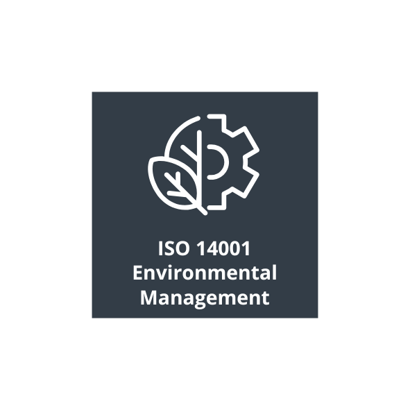 ISO 14001 Environmental Management certification logo featuring a white icon of a leaf merged with a gear on a dark square.