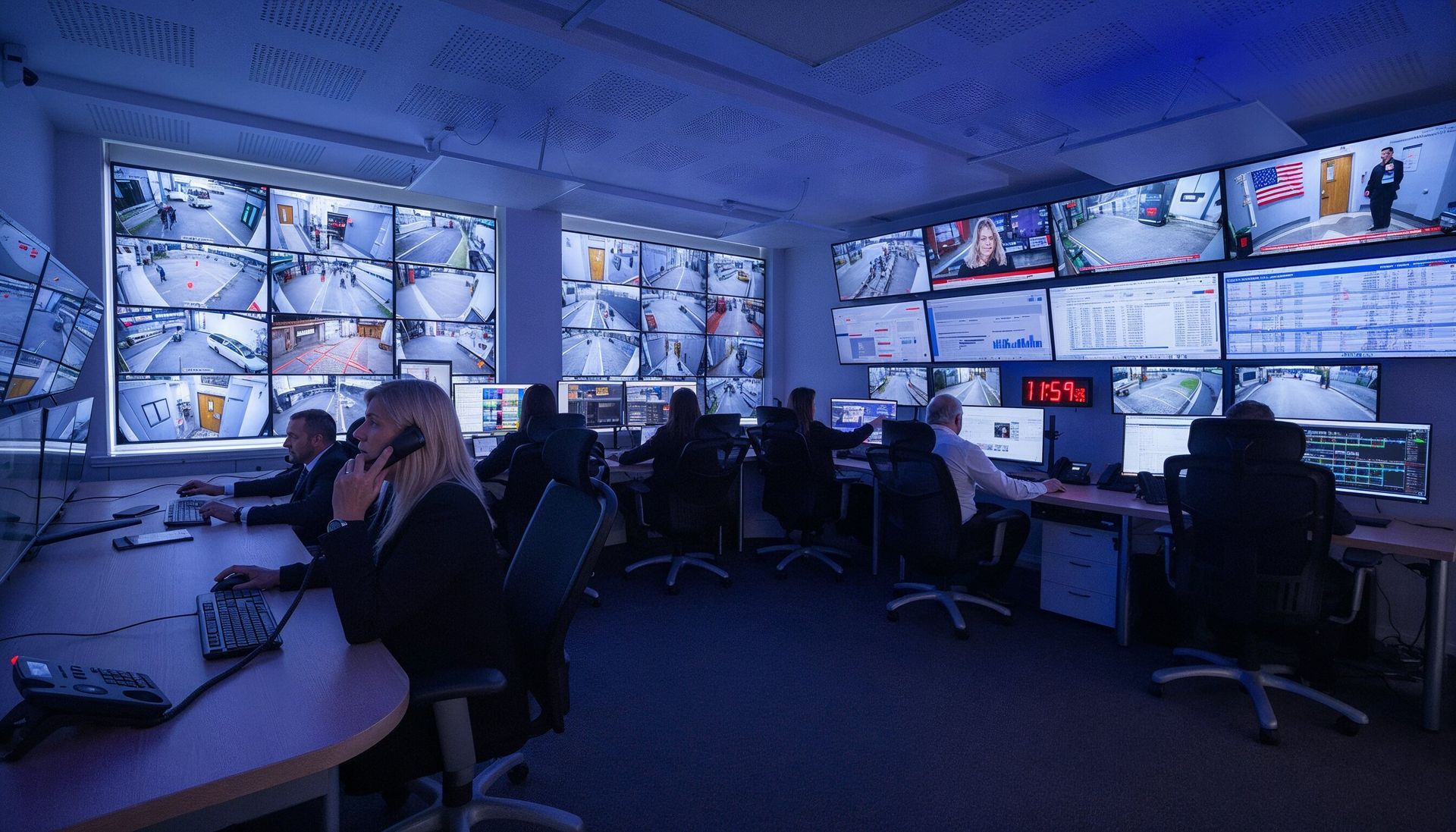 Staff monitor multiple screens displaying surveillance footage and data in a dimly lit, blue-toned security control room.