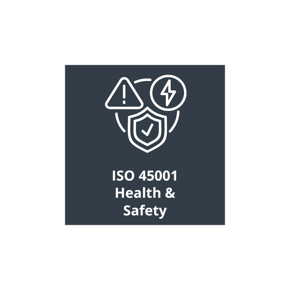 ISO 45001 Health & Safety logo with icons for warning, electricity, and a protective shield on a dark background.