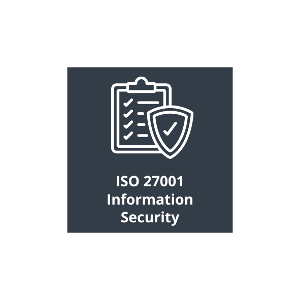 An icon with a checklist on a clipboard and a shield with a checkmark, labeled ISO 27001 Information Security.