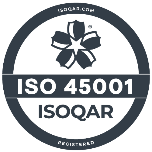 ISO 45001 certification badge by ISOQAR with the text 
