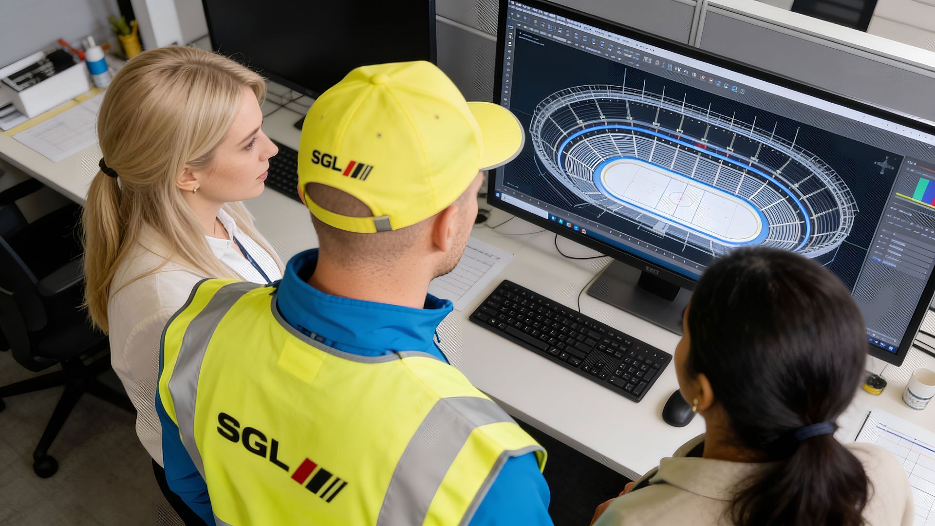 Three people in an office look at a computer screen displaying a 3D digital model of a stadium.