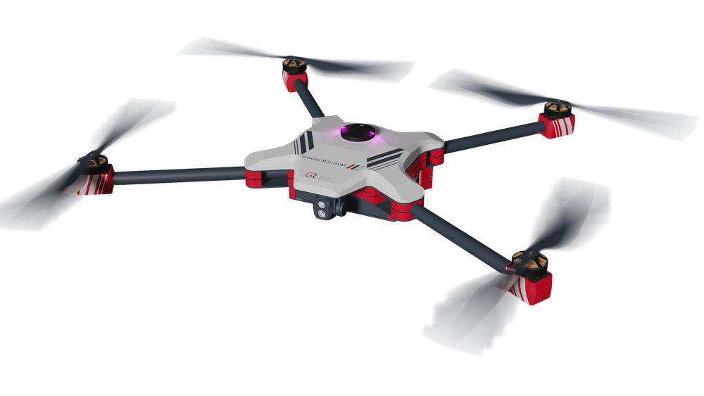 A white and red quadcopter drone in flight, shown against a plain white background.