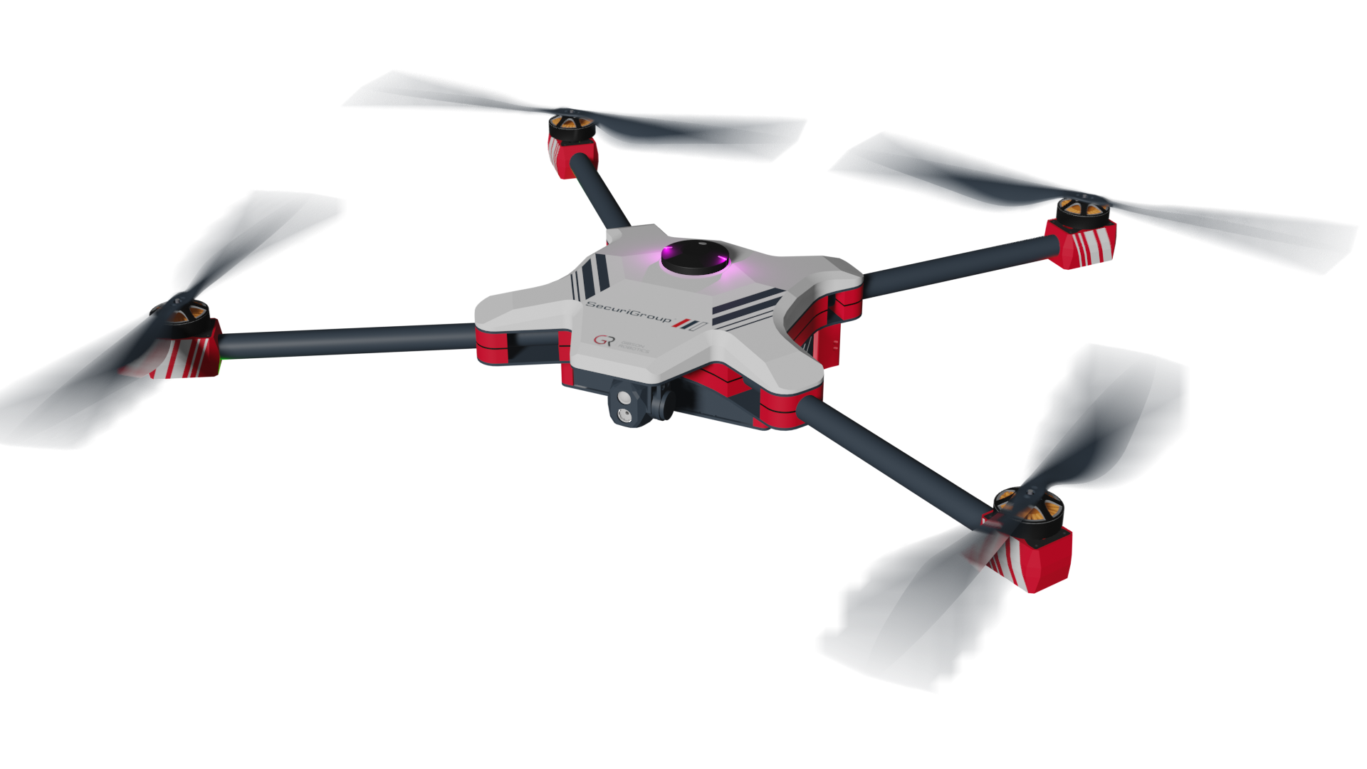 A white and red quadcopter drone in flight, shown against a plain white background.