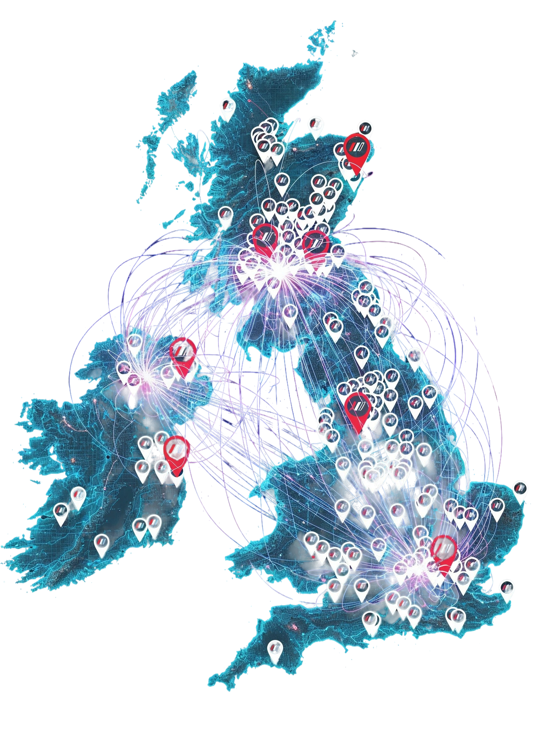 A map of the UK and Ireland featuring white and red location pins connected by thin lines, coloured dark blue background.