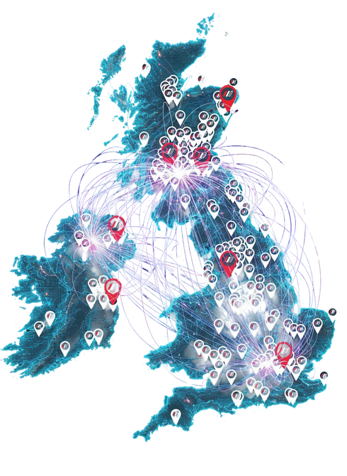 A map of the UK and Ireland featuring white and red location pins connected by thin lines, coloured dark blue background.