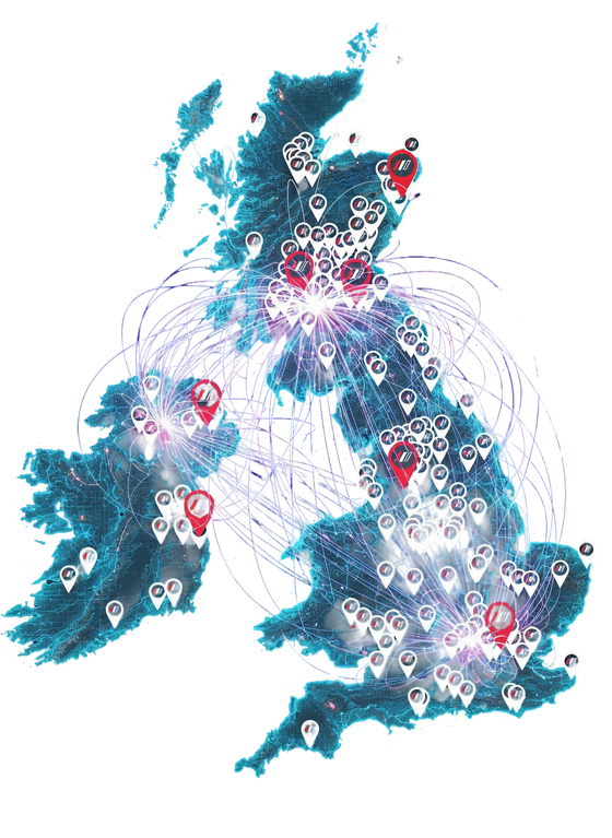A map of the UK and Ireland featuring white and red location pins connected by thin lines, coloured dark blue background.