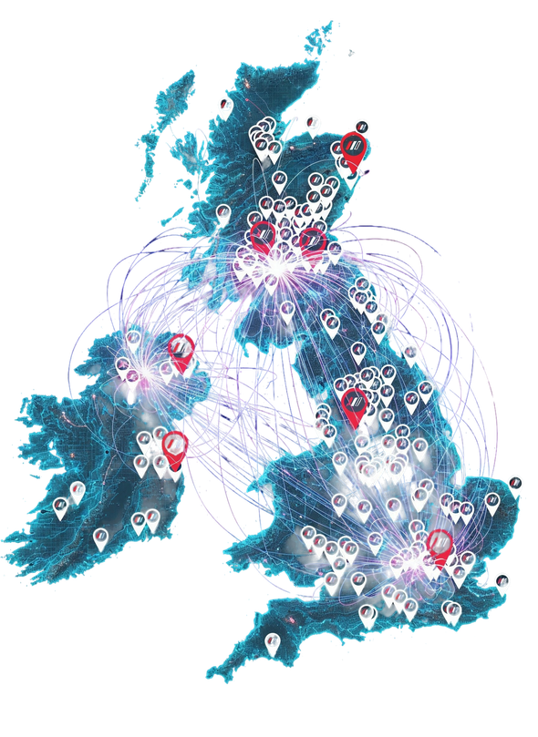 A map of the UK and Ireland featuring white and red location pins connected by thin lines, coloured dark blue background.