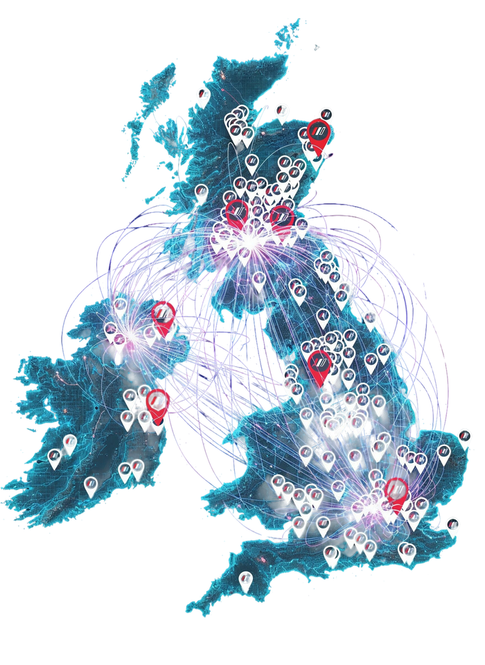 A map of the UK and Ireland featuring white and red location pins connected by thin lines, coloured dark blue background.