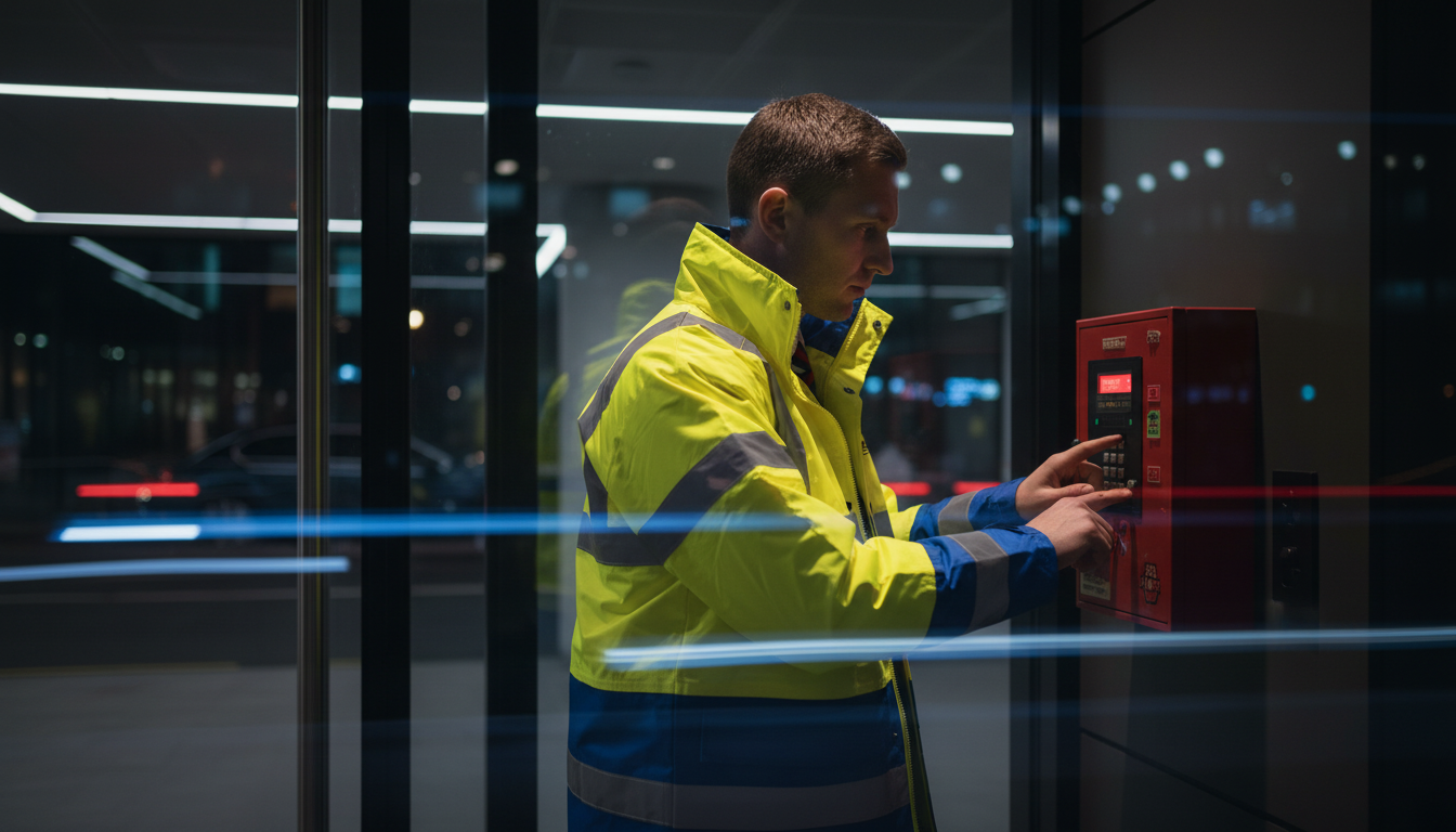 A person in a high-visibility jacket operates equipment next to a white service van at a construction site.