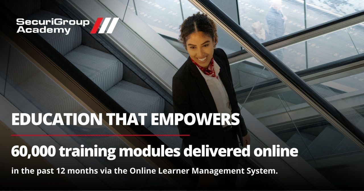 SecuriGroup Academy logo over a professional smiling on an escalator, promoting 60,000 online training modules delivered.