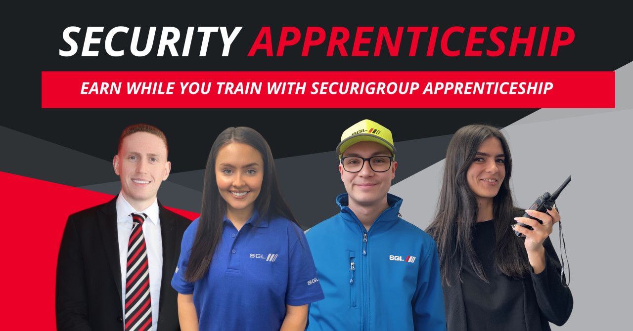 Recruitment banner for a Securigroup security apprenticeship, featuring four people and the company branding.