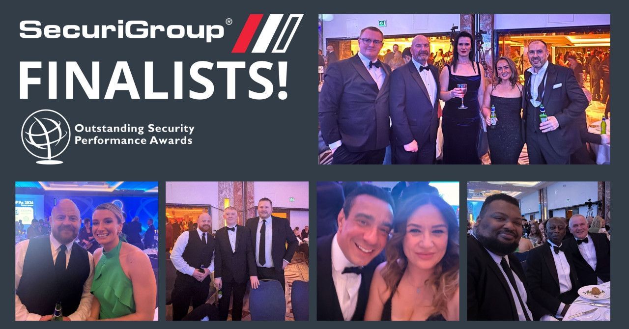 A collage of people in formal attire at an awards ceremony, celebrating SecuriGroup’s finalist status for OSPAs.