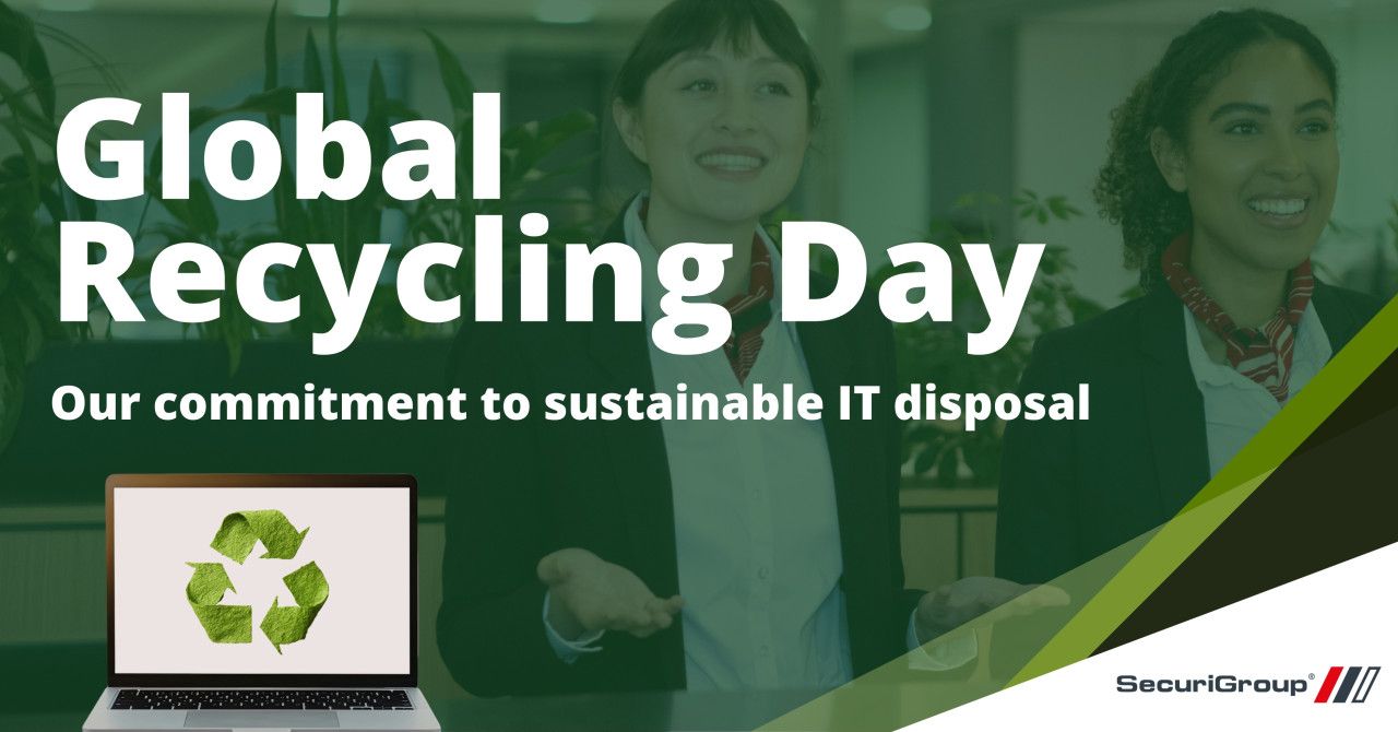 Global Recycling Day graphic: two people in business attire, a laptop with a recycling icon, and the SecuriGroup logo.