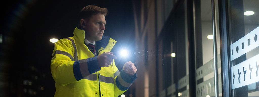 A security guard in a high-visibility yellow jacket shines a flashlight at a glass office building at night.