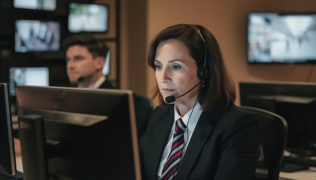 A woman wearing a headset and suit monitors screens in a security surveillance center.