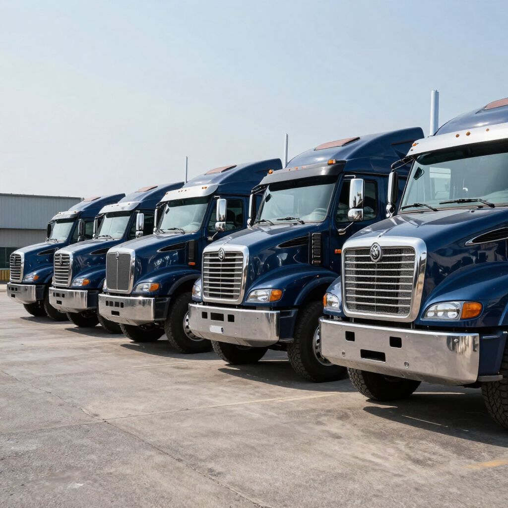 Row of blue semi trucks parked in a lot under a clear sky