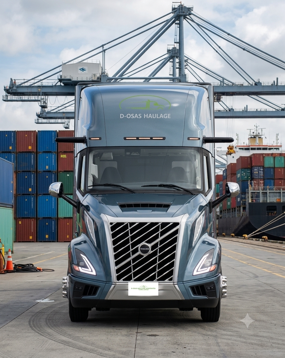 Blue Volvo semi-truck at a shipping port with stacked containers and cranes in the background