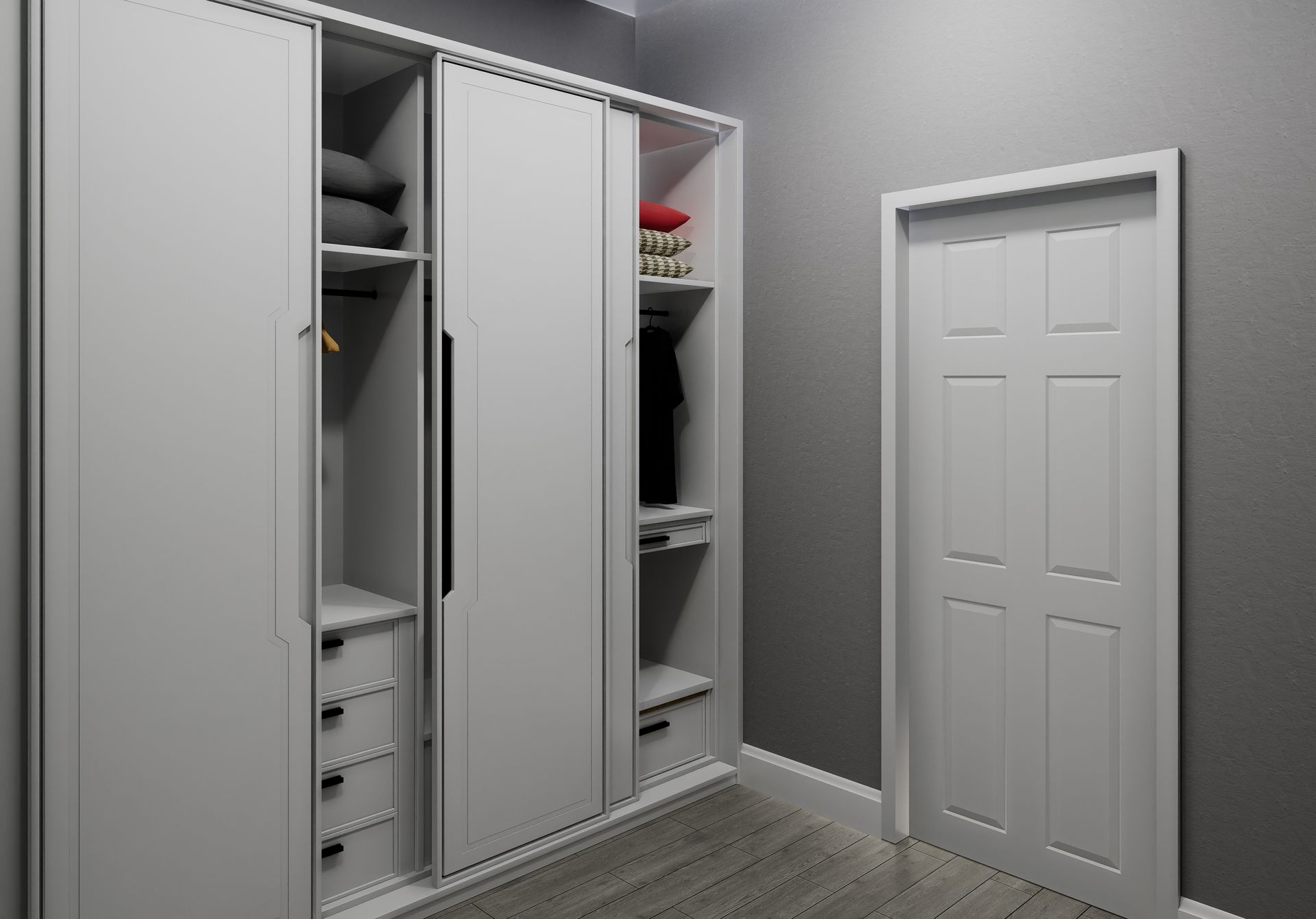 A white built-in wardrobe with sliding doors.