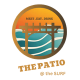 Logo for The Patio at The Surf with orange sun, blue waves, and brown pergola; text: &ldquo;Meet. Eat. Drink.&rdquo;