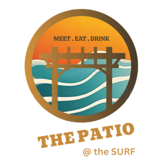 Logo for The Patio at The Surf with orange sun, blue waves, and brown pergola; text: “Meet. Eat. Drink.”