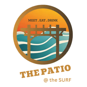 Logo for The Patio at The Surf with orange sun, blue waves, and brown pergola; text: “Meet. Eat. Drink.”
