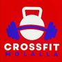 Logo for CrossFit Molalla: white kettlebell and blue barbell on red background, white text.