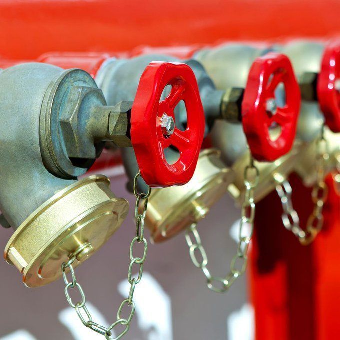 A row of fire hydrants with red valves attached to them