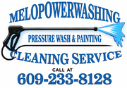 Logo for Melo Powerwashing & Painting. Features a pressure washer and phone number: 609-233-8128