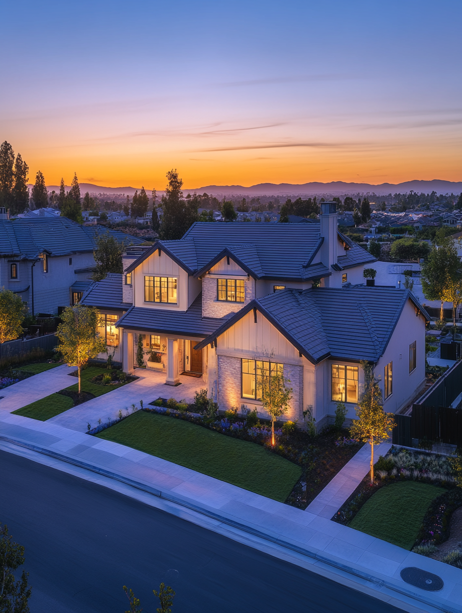An aerial view of a large house at sunset.