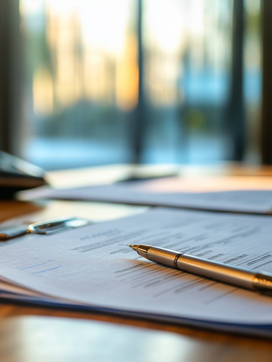 A pen is sitting on top of a piece of paper on a table.