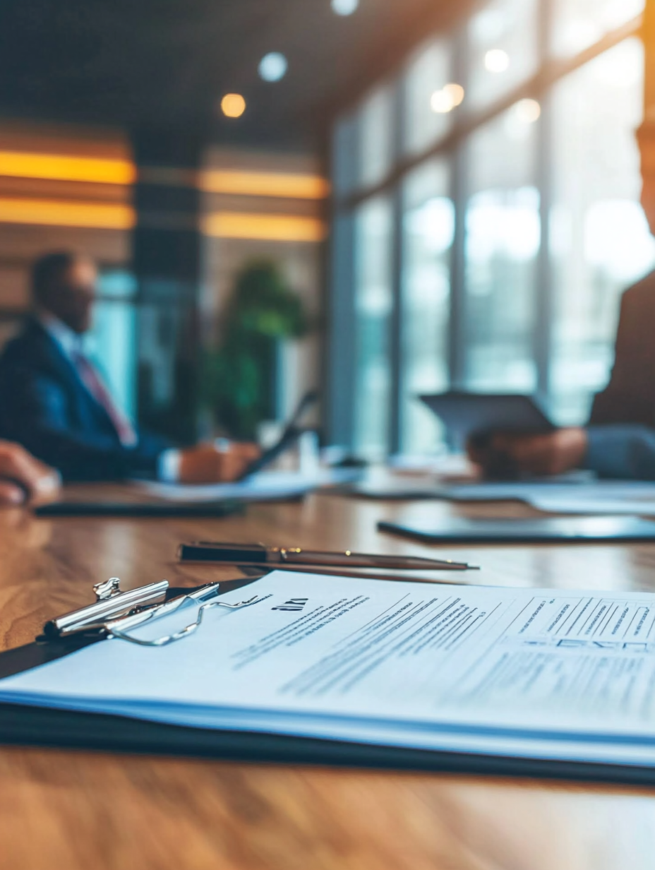 A group of people are sitting at a table with papers on it.