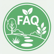 Green circular FAQ icon with white text and nature graphics, including trees, leaves, and stepping stones.