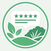 Green circular eco badge with stars, lines, and leaves on a light background