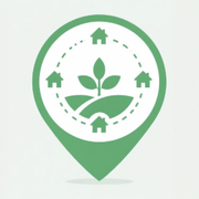 Green eco location pin with plant leaves and small home icons inside
